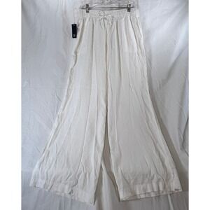 GAP White Linen Wide Leg Pants Women Trousers‎ Sz L Pull On Elastic Waste Summer